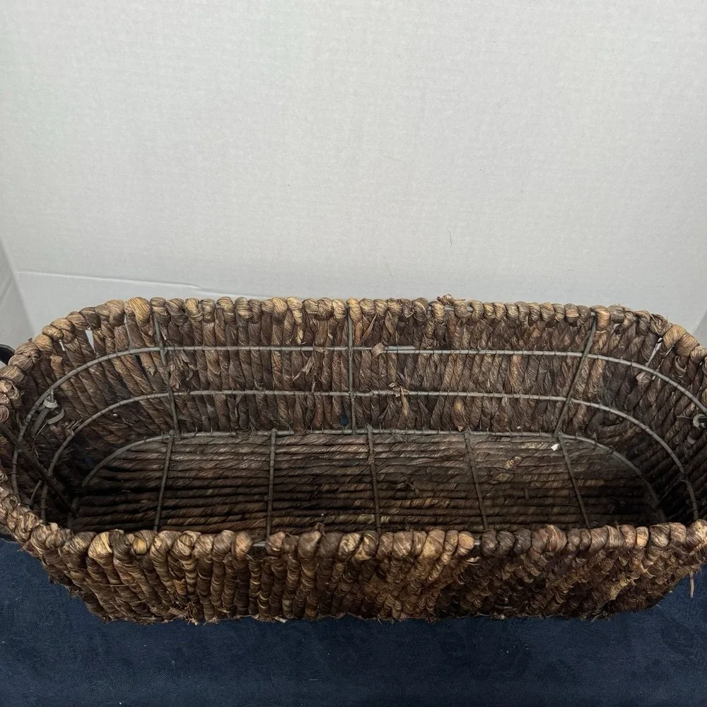 Long Wicker Basket Container Brown‎ Seagrass Leather Handles Metal Frame 19.5